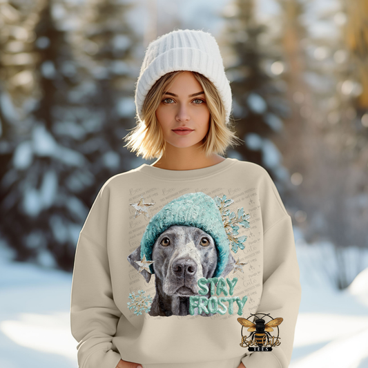 Person wearing a sweater with a dog graphic and 'Stay Frosty' text in a snowy landscape