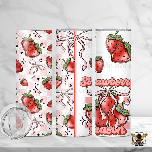 Three tumbler designs with strawberry and bow patterns on a white background