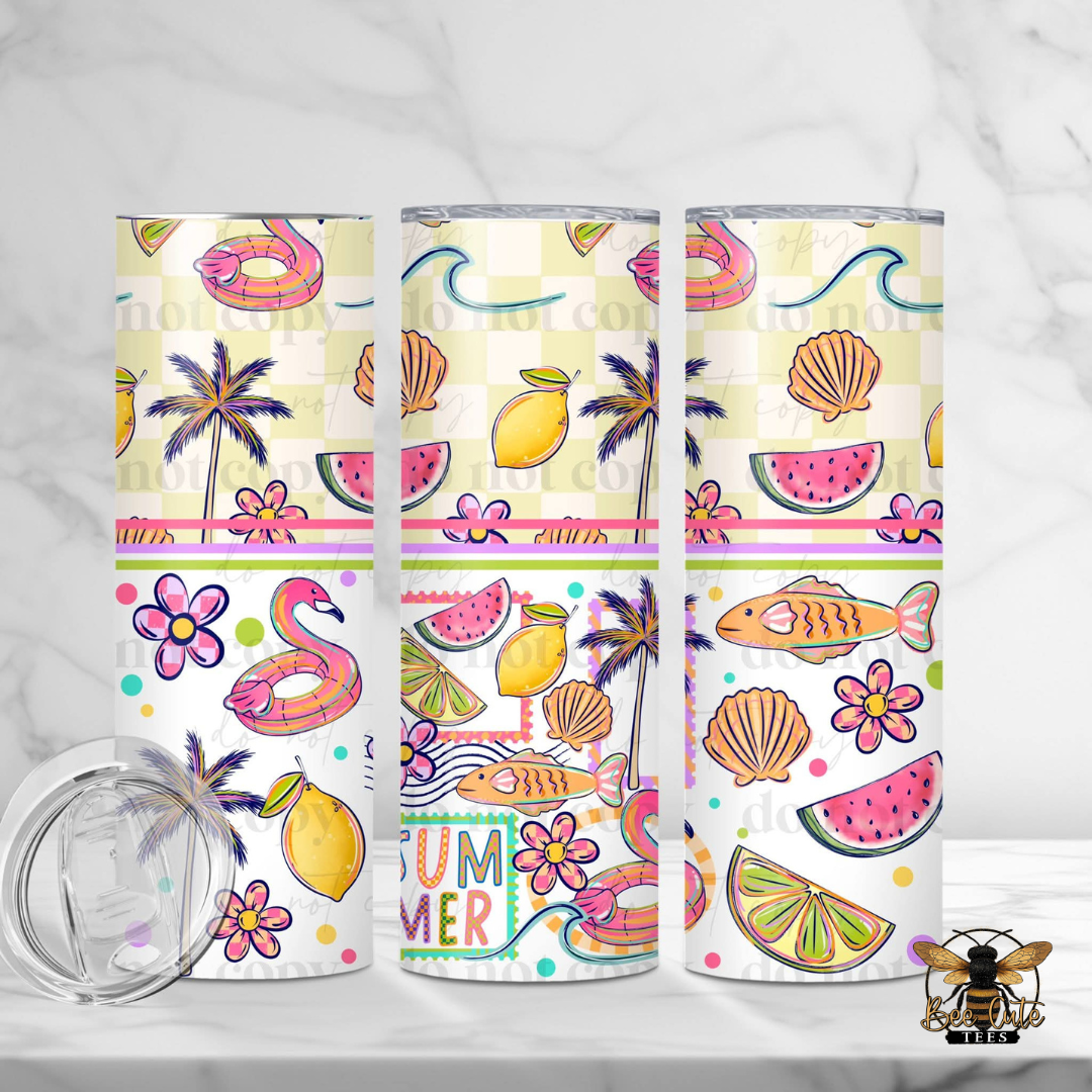 Three colorful tumblers with summer-themed designs on a white background