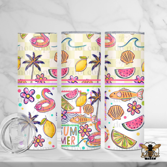 Three colorful tumblers with summer-themed designs on a white background