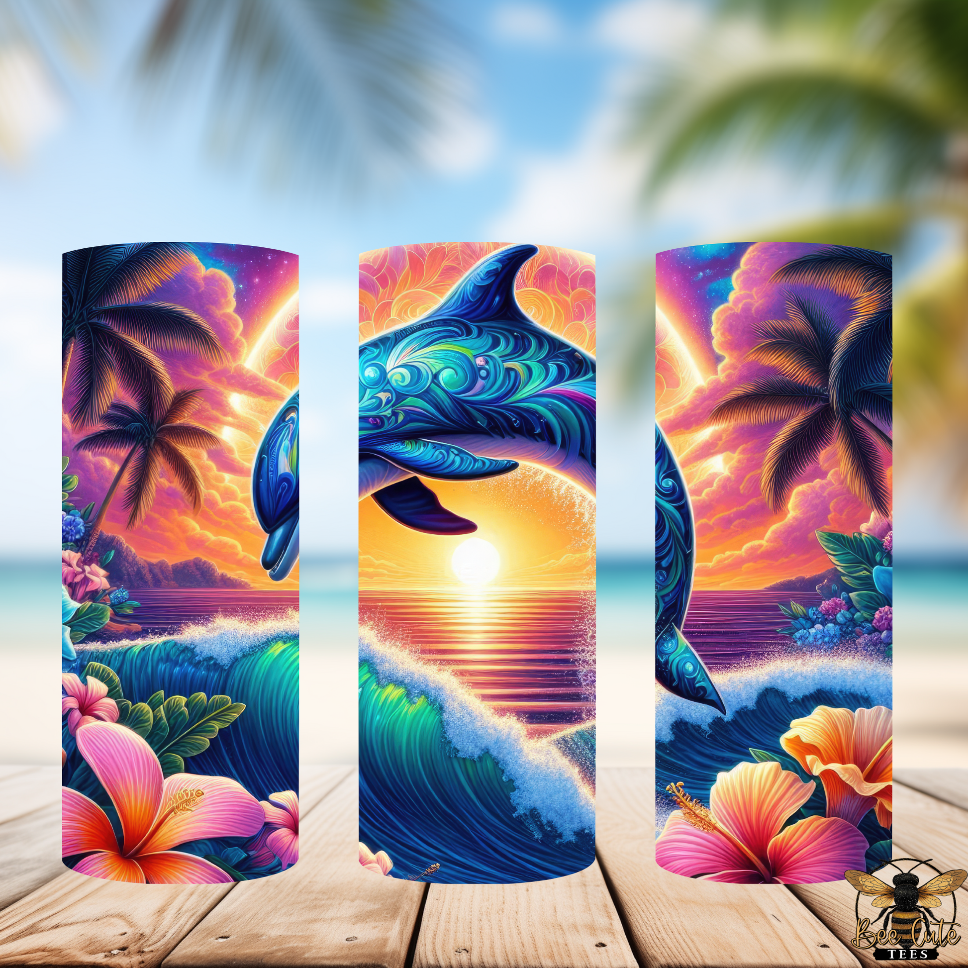 Three vertical tumblers with colorful dolphin and tropical scene design on a wooden surface.