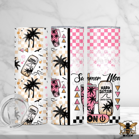 Three colorful tumblers with summer-themed designs on a white background