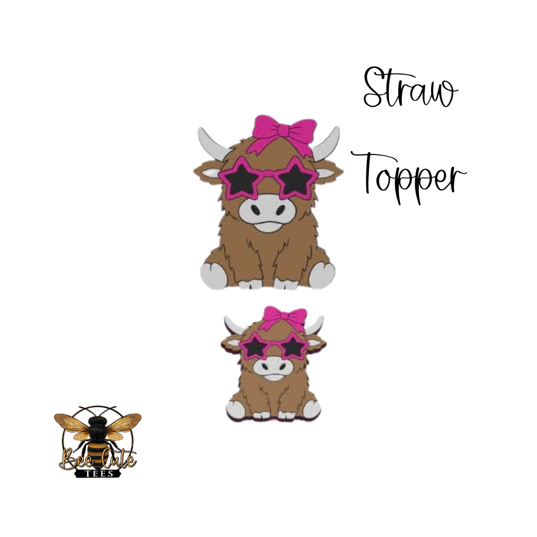 Two cartoon bull characters with pink bows and sunglasses labeled 'Straw Topper' on a white background.