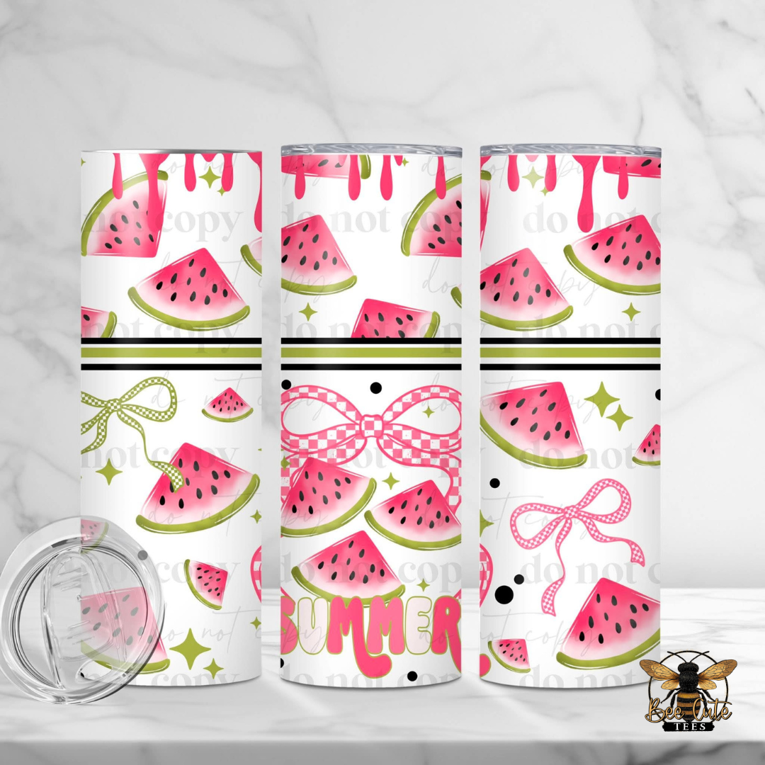 Three tumblers with watermelon pattern on a white background