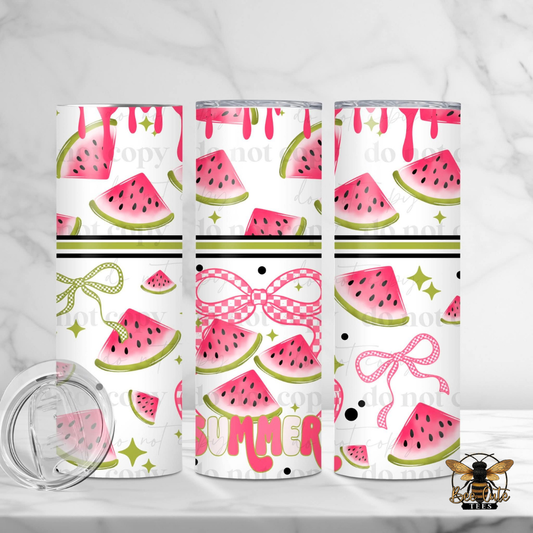 Three tumblers with watermelon pattern on a white background