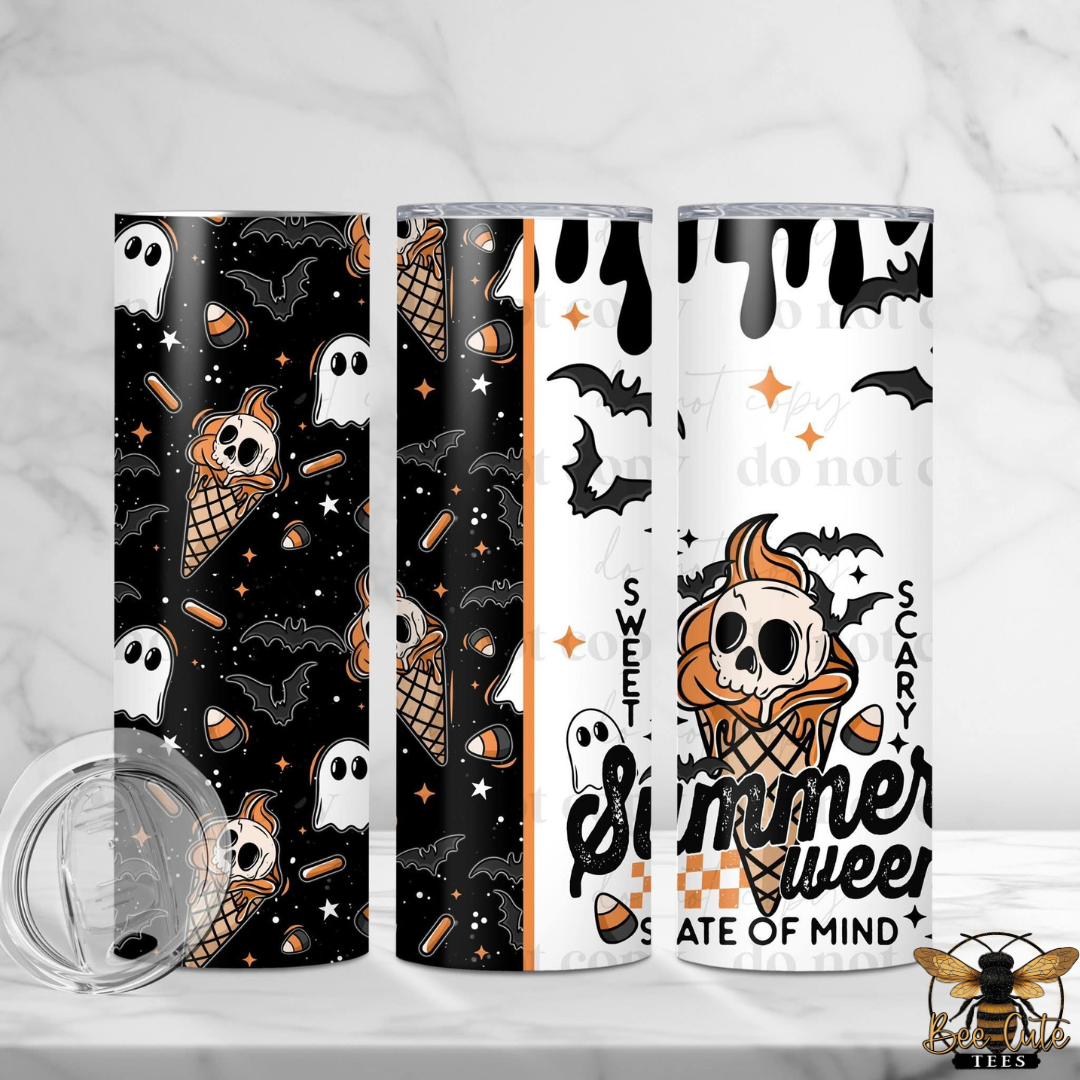Three tall skinny tumblers with Halloween-themed wrap designs are displayed on a light marble surface with a clear lid shown in the foreground. The designs feature black, white, and orange graphics including bats, ghosts, candy corn, and a skull ice cream cone with the text 'Summerween State of mind'