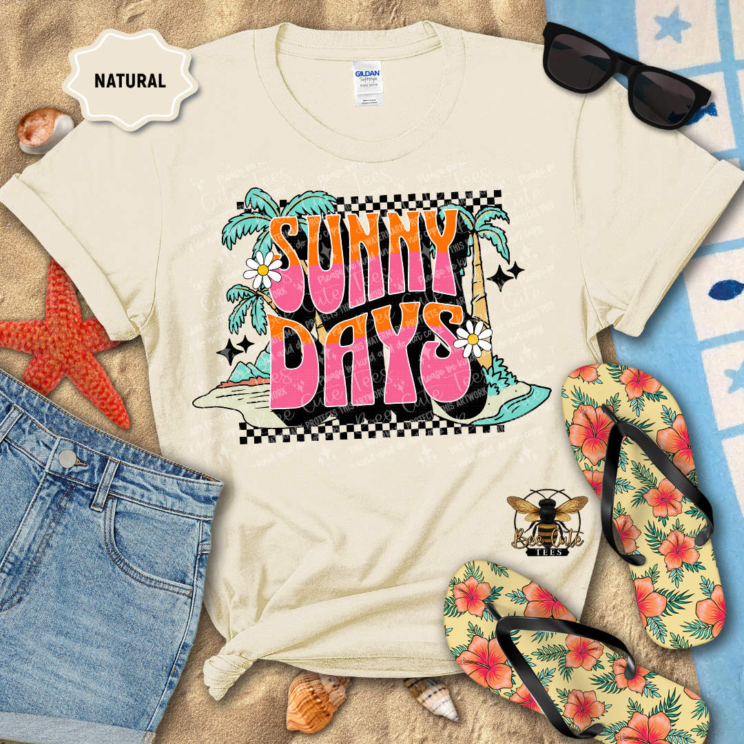 Beige t-shirt with 'Sunny Days' graphic design on a beach-themed background with sunglasses, flip-flops, and denim shorts.