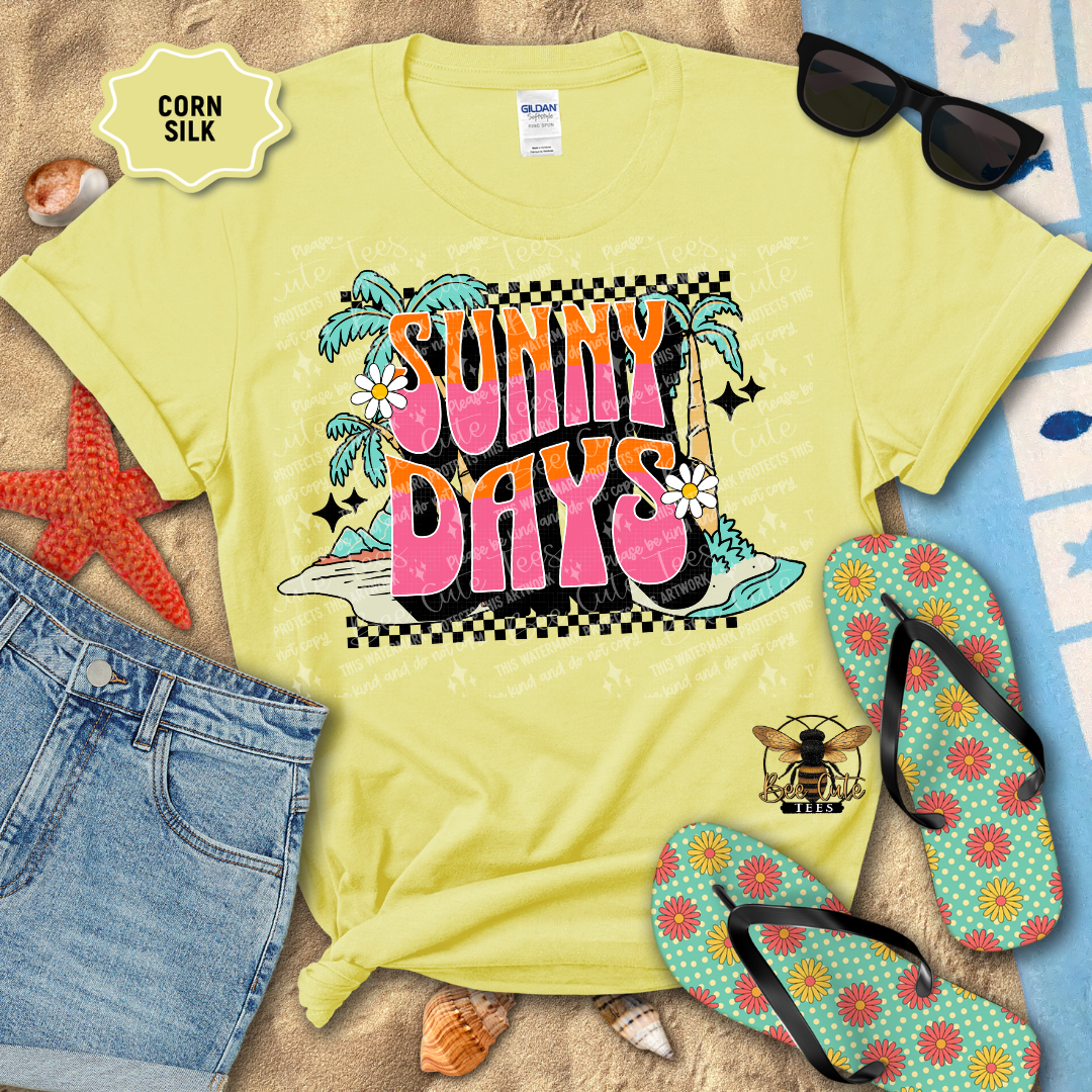 Yellow t-shirt with 'Sunny Days' design on a beach-themed background with sunglasses, flip-flops, and denim shorts.