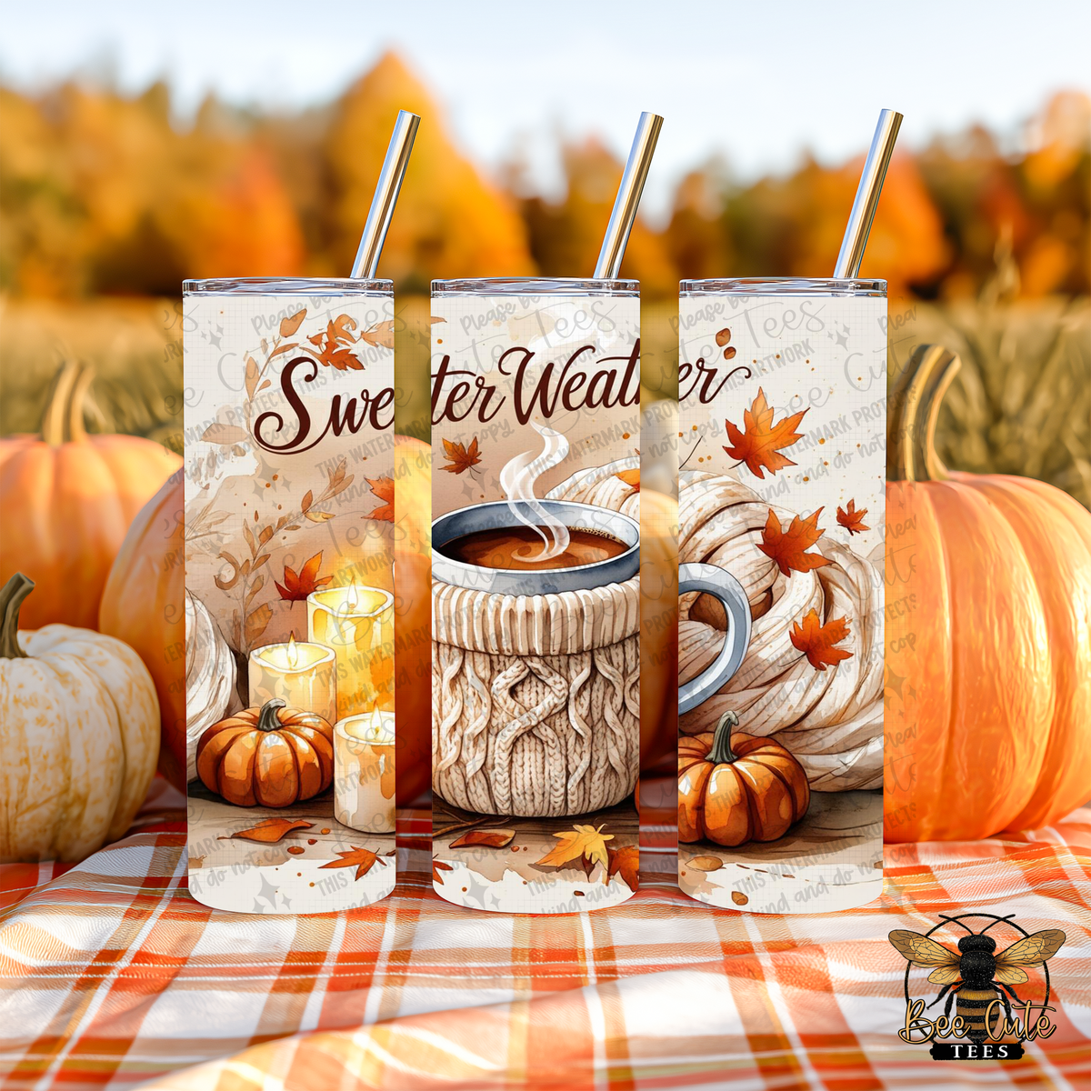 Three views of a fall-themed 20 oz tumbler featuring the phrase “Sweater Weather” in elegant dark brown script. The cozy autumn design includes a steaming coffee mug wrapped in a cream cable-knit sweater texture, orange and white pumpkins, glowing candles, and scattered fall leaves in warm orange, brown, and beige tones.