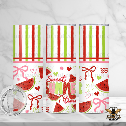 Three tumblers with summer-themed designs on a white background