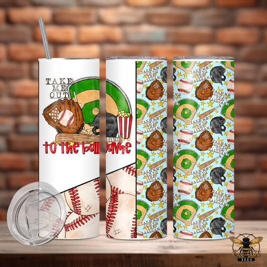 Four different designs of a tumbler with baseball-themed graphics on a wooden surface.