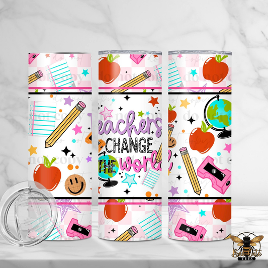 Three tumblers with educational-themed designs on a white background