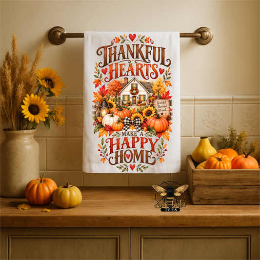 A white kitchen towel with a colorful autumn-themed graphic and the text 'THANKFUL HEARTS MAKE A HAPPY HOME' hangs on a metal towel bar over a wooden countertop. The scene is decorated with pumpkins, sunflowers, and fall foliage.