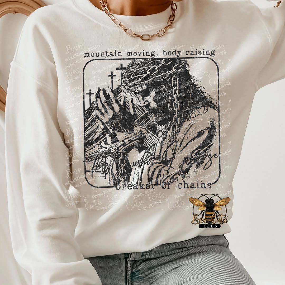 White sweatshirt with graphic design and text on a plain background