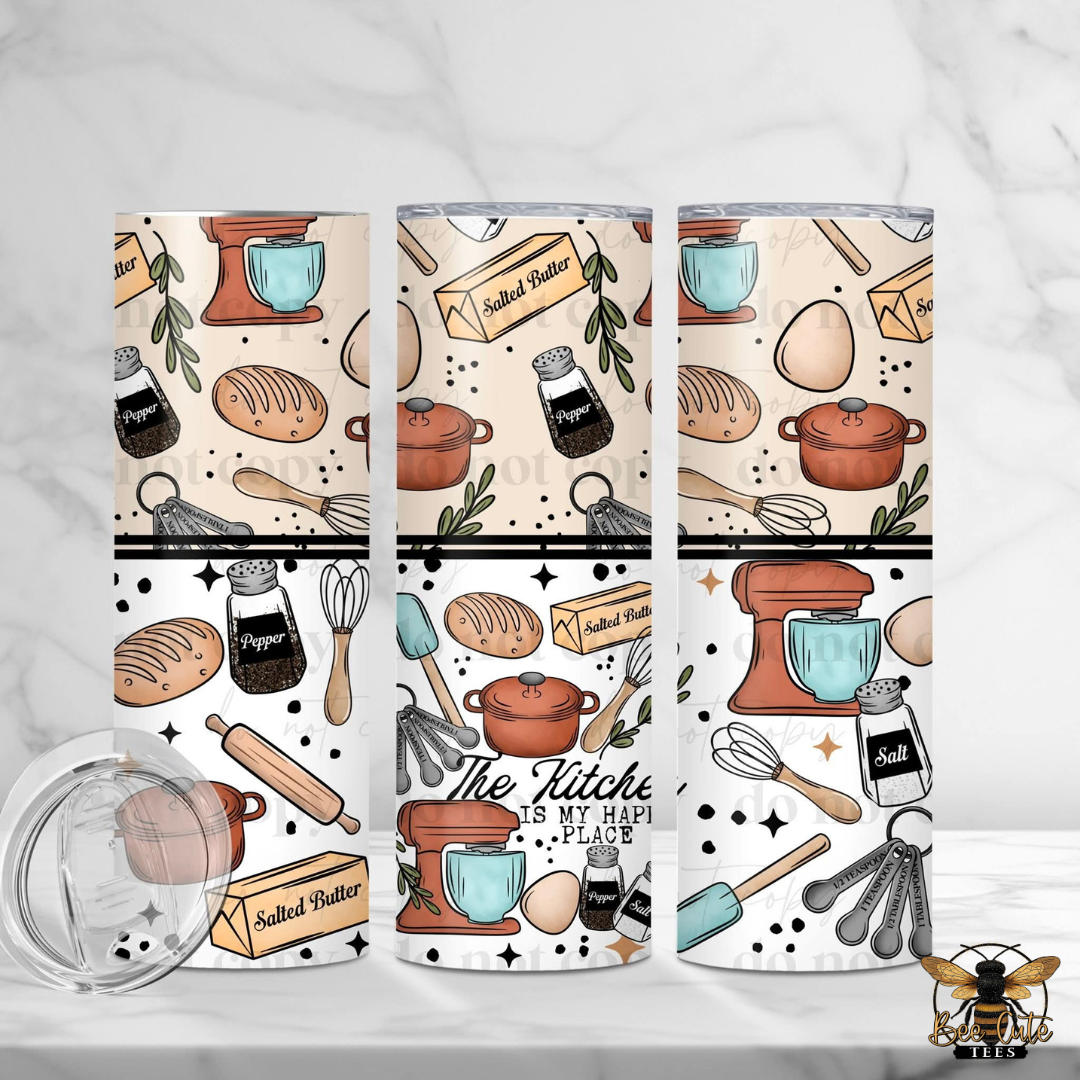 Three tumblers with kitchen-themed designs on a white background