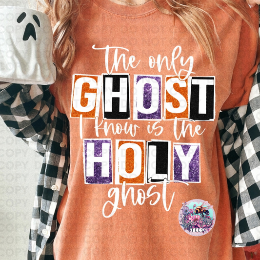 A person wearing an orange short-sleeved crewneck tee with the text 'THE ONLY GHOST I KNOW IS THE HOLY GHOST' printed on the front.