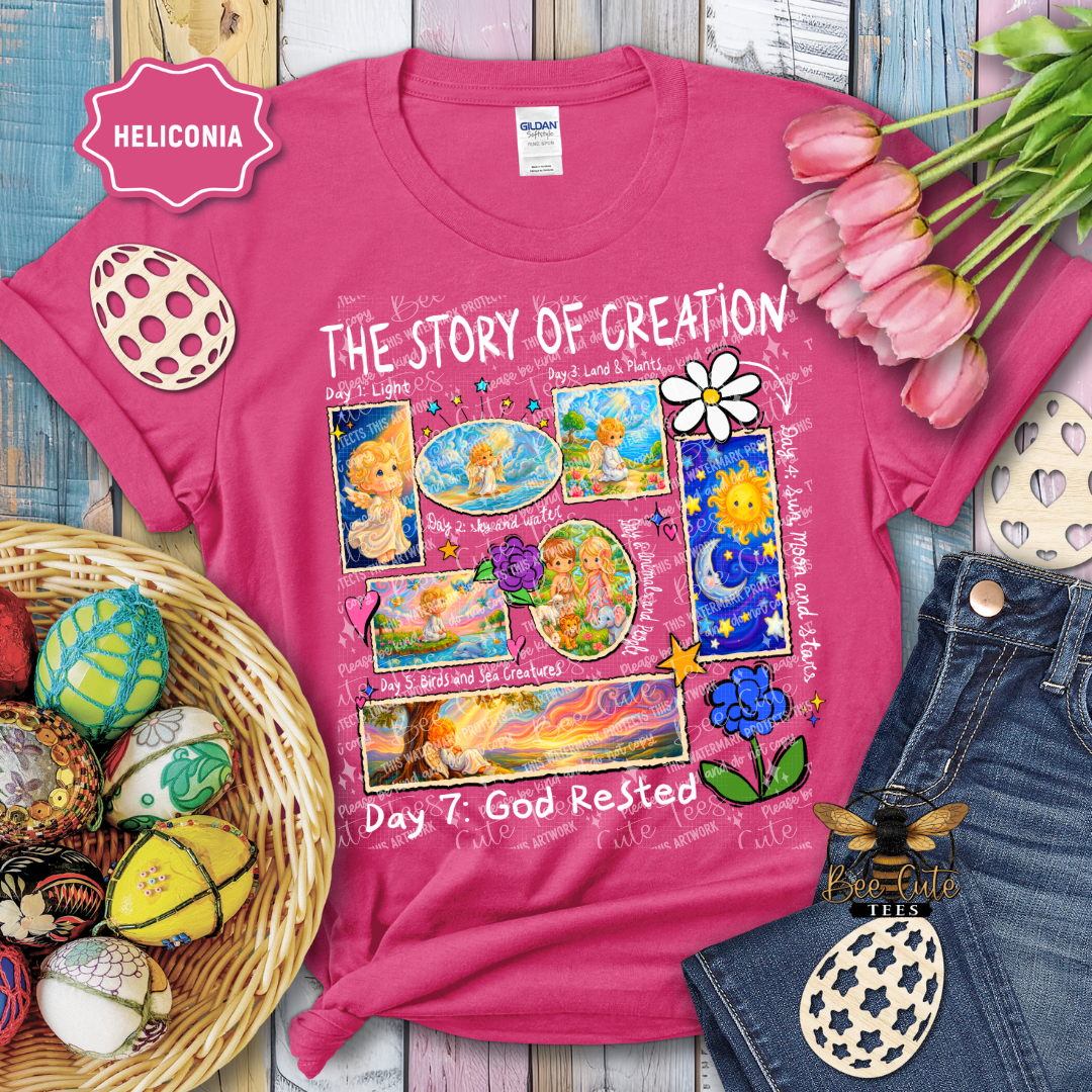 Pink t-shirt with 'The Story of Creation' design, surrounded by Easter decorations.