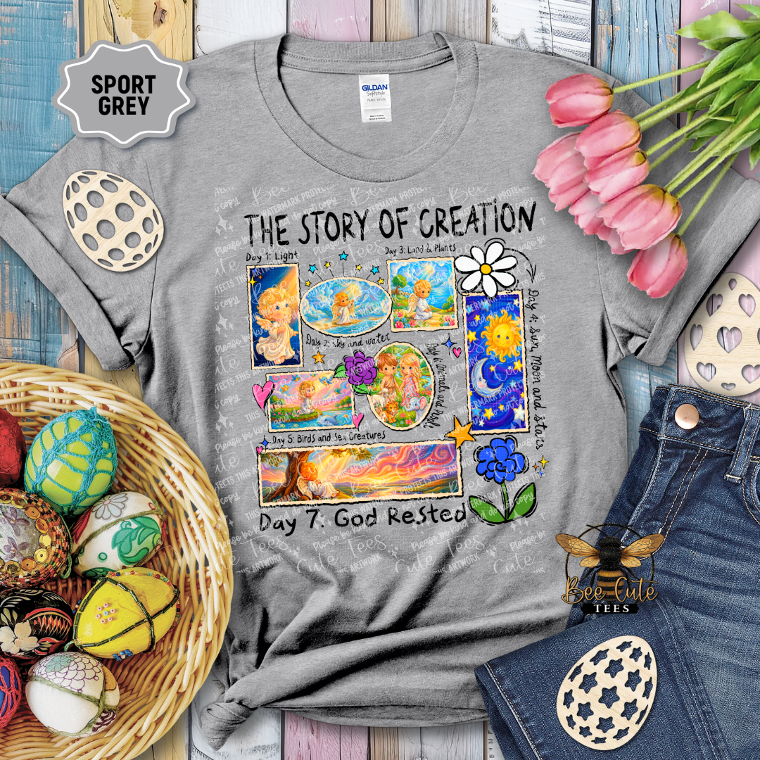 Gray t-shirt with 'The Story of Creation' graphic design, surrounded by Easter decorations.
