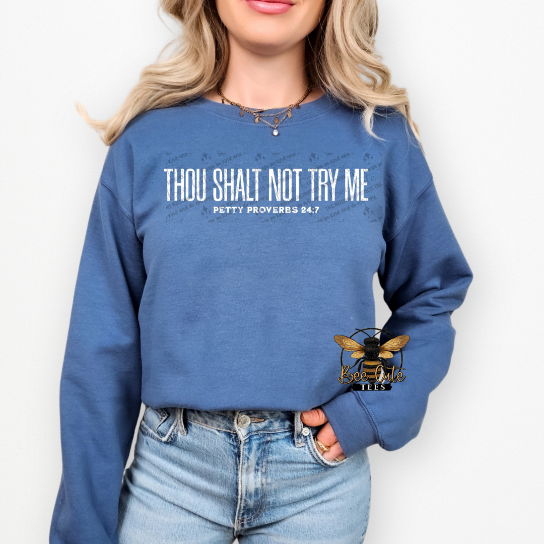 Person wearing a blue sweatshirt with text and a logo on a white background