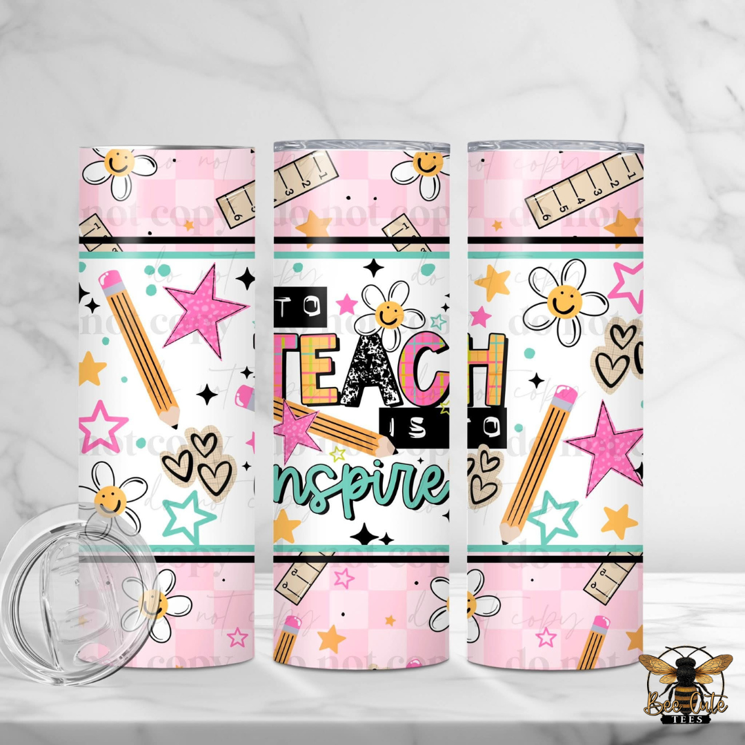Three tumblers with educational-themed designs on a white background