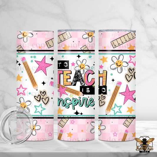 Three tumblers with educational-themed designs on a white background