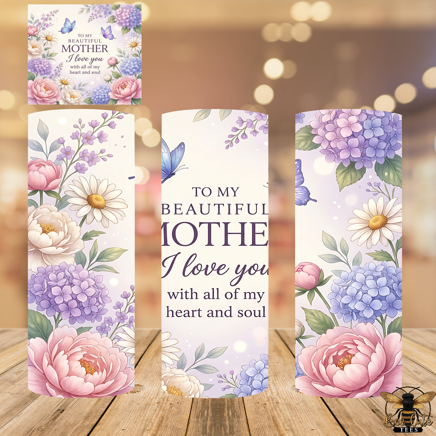 Floral bookmarks with messages for a mother on a wooden surface.