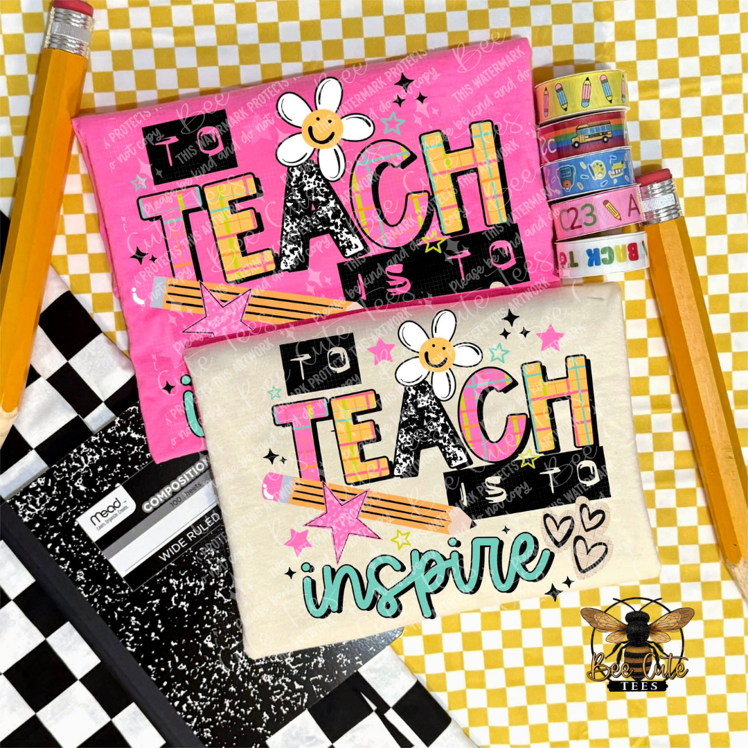 A styled flat-lay of two decorative notebooks with a pink and cream cover, each featuring the phrase 'to TEACH is to inspire' in colorful lettering, a smiling daisy, stars, and chalkboard-style text. Yellow pencils, washi tape, and a black-and-white checkered notebook are arranged around them on a yellow-and-white checkered background.