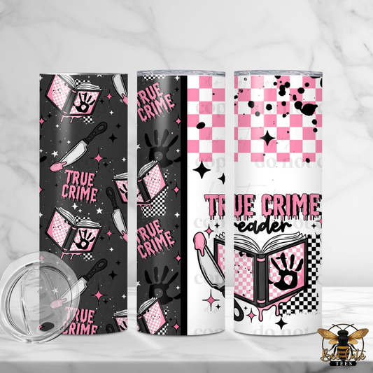 Three tumblers with true crime design on a white background