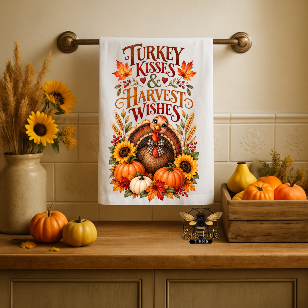 A white kitchen towel with a colorful autumn 'Turkey Kisses & Harvest Wishes' design hangs on a brass towel bar above a wooden counter decorated with pumpkins, sunflowers, and a wooden crate.