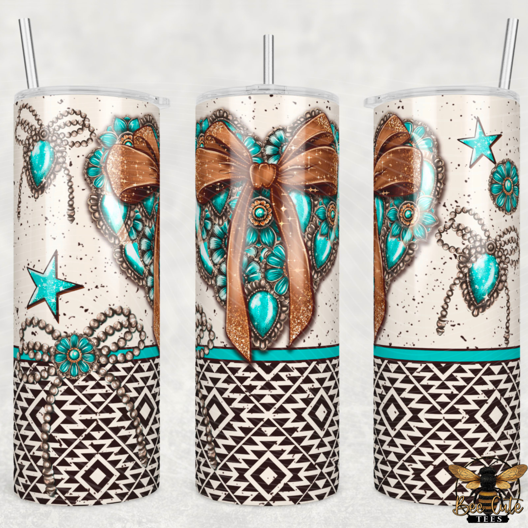 Three tumblers with decorative designs featuring bows, stars, and geometric patterns on a white background.