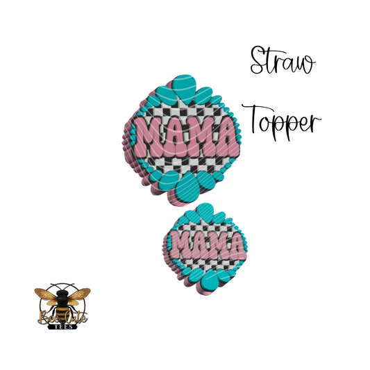 Checkered 'Mama' straw toppers with teal accents on a white background.