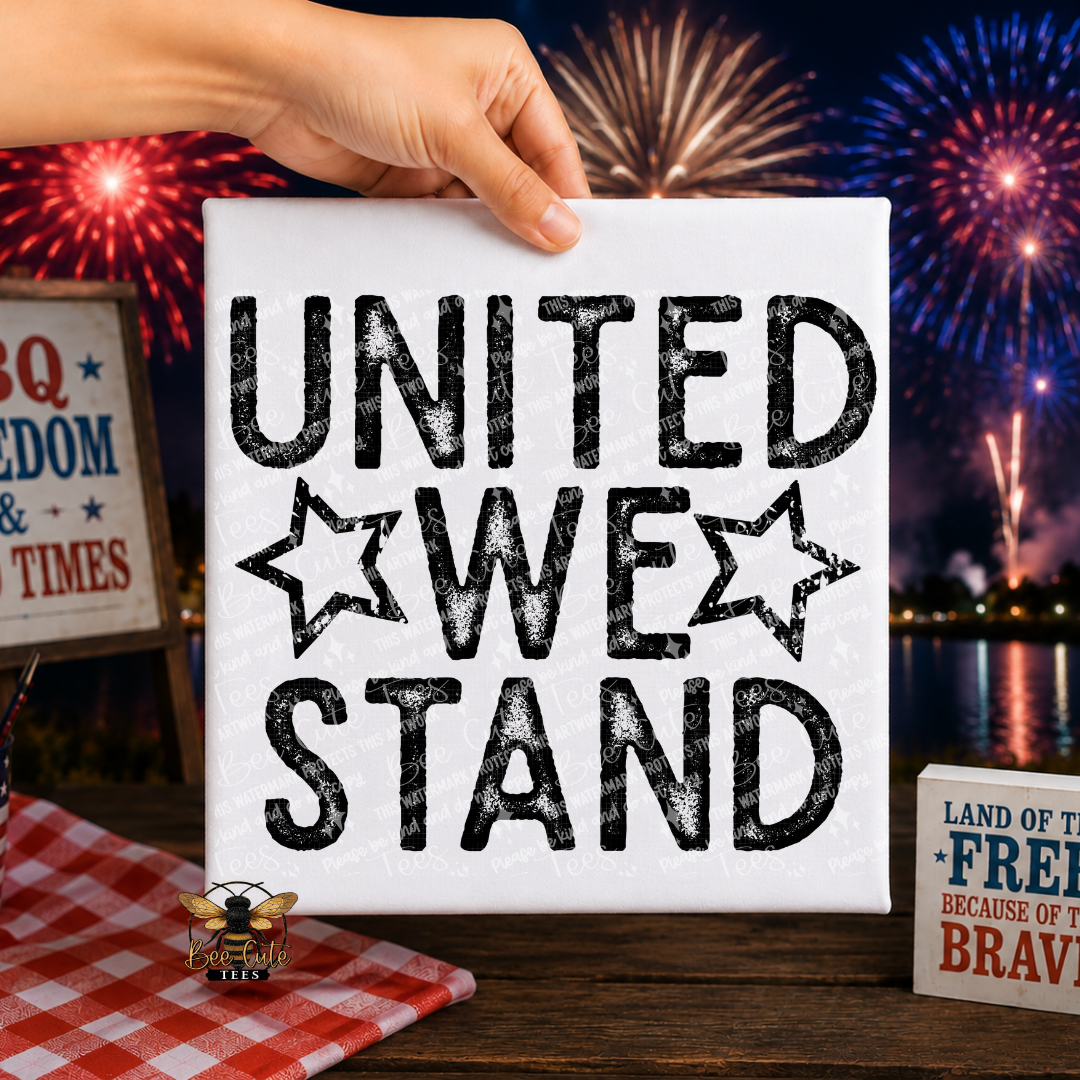 Hand holding a white t-shirt with 'UNITED WE STAND' in front of fireworks
