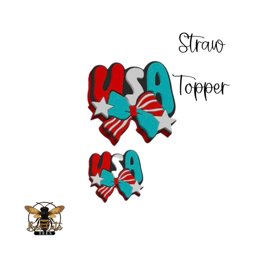 USA-themed straw toppers with a bee logo at the bottom.