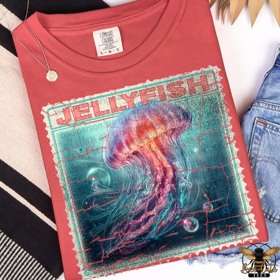 Red t-shirt with a jellyfish graphic design on a white background