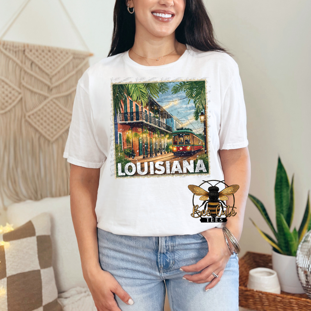 Person wearing a white t-shirt with a Louisiana-themed graphic