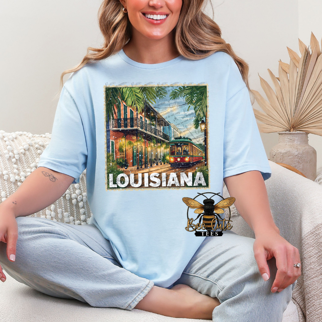 Person wearing a light blue t-shirt with a 'Louisiana' graphic design.