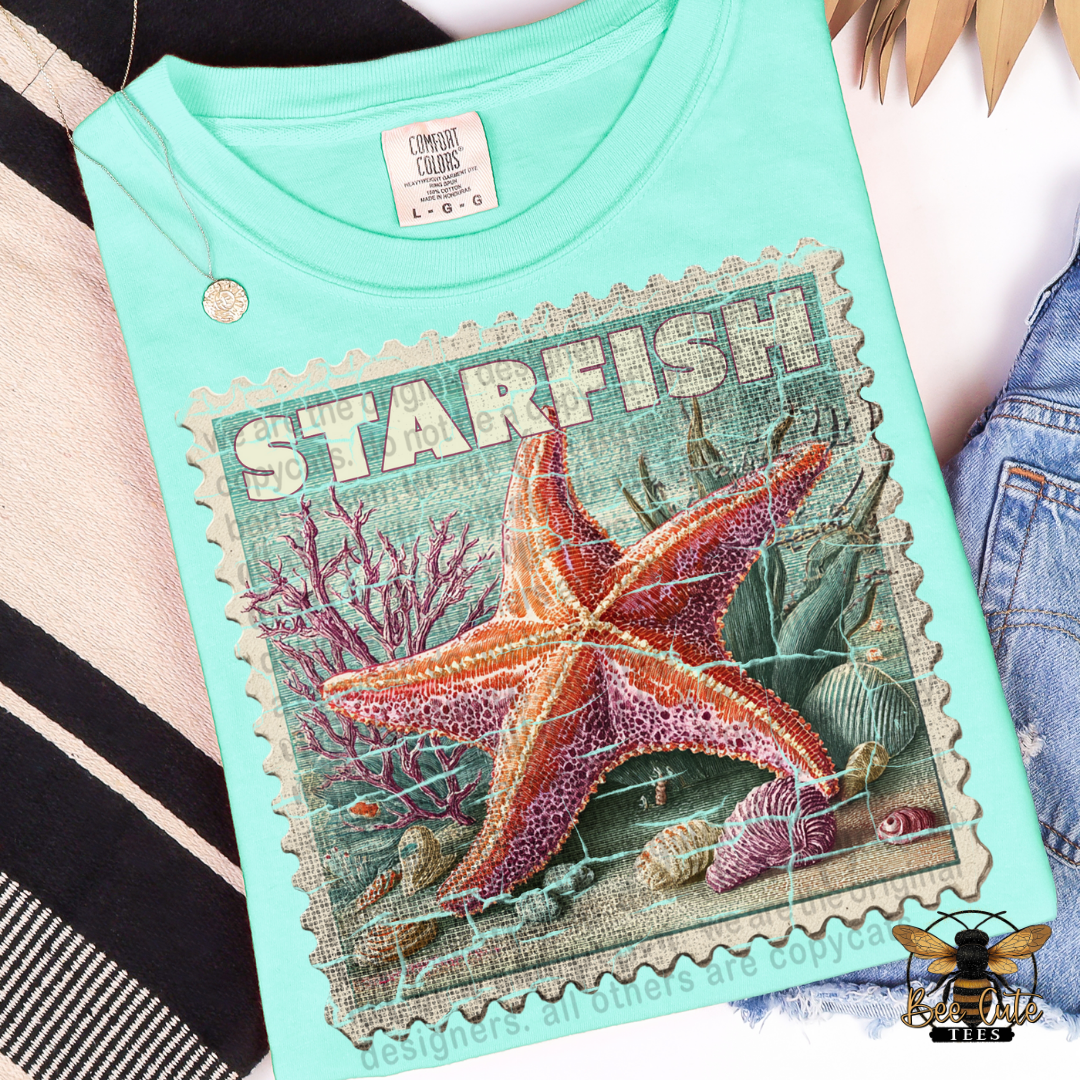 Turquoise t-shirt with starfish design and 'STARFISH' text