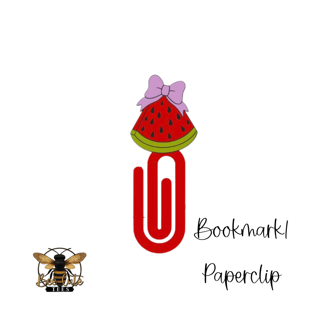 Bookmark paperclip with watermelon design and bow on a white background