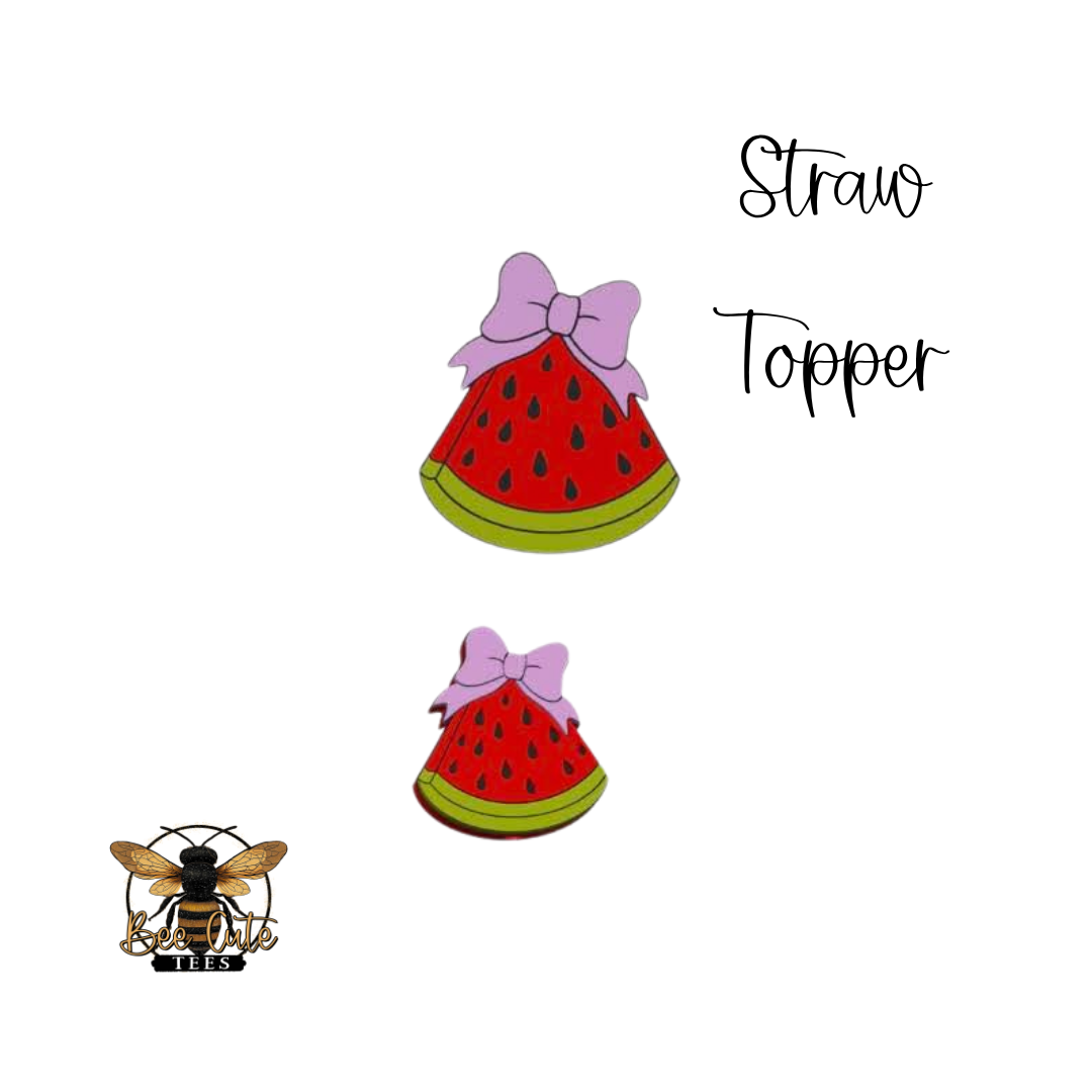 Two watermelon-shaped straw toppers with bows on a white background.