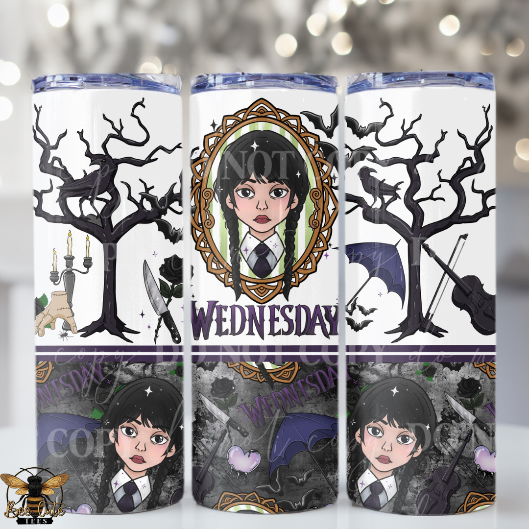 Collection of 'Wednesday' themed tumblers with various designs.