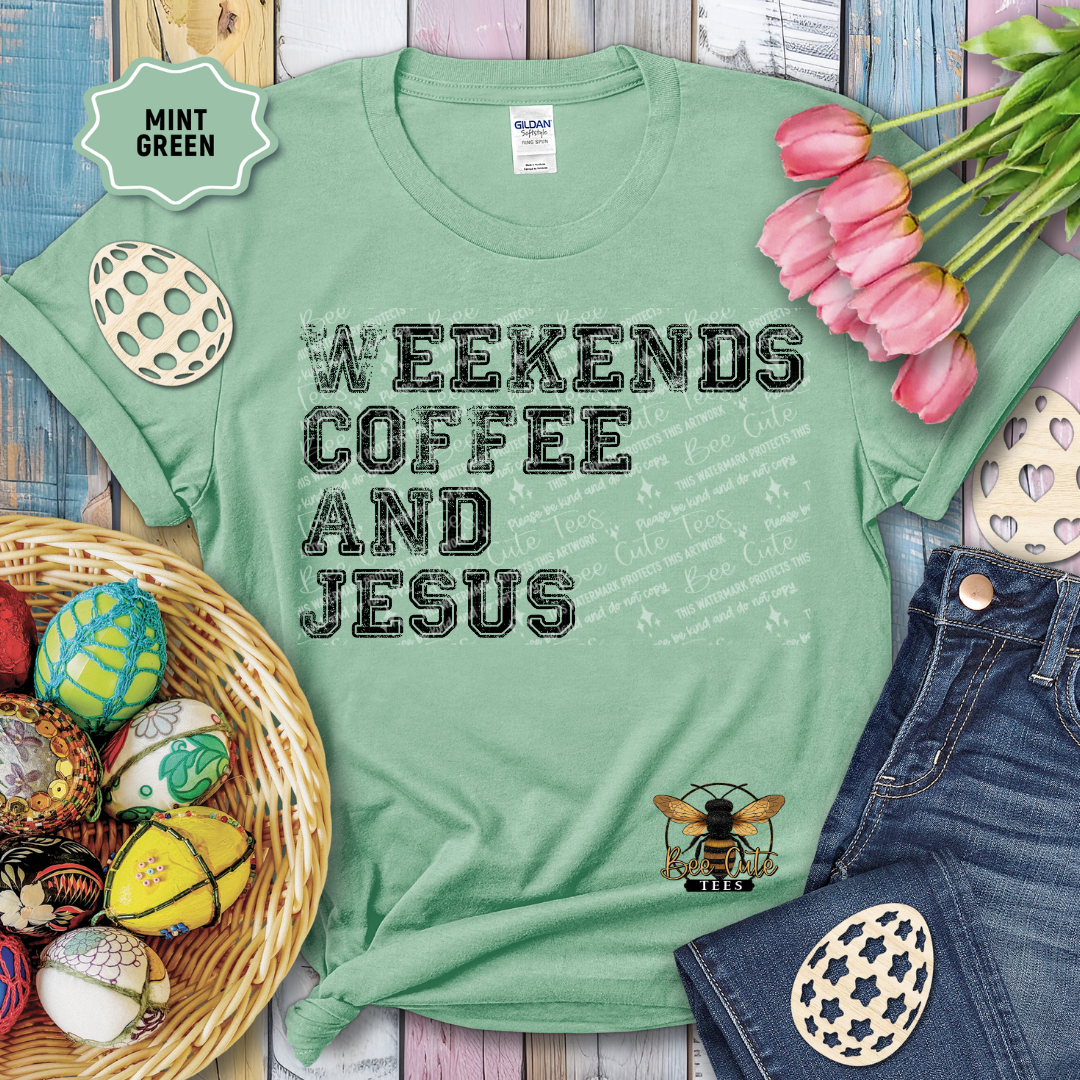 Green t-shirt with 'Weekends Coffee and Jesus' text, surrounded by Easter decorations and jeans.