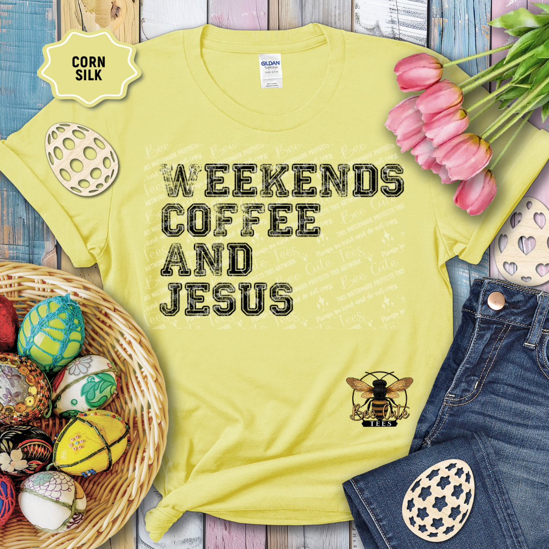 Yellow t-shirt with 'Weekends Coffee and Jesus' text, surrounded by Easter decorations and jeans.