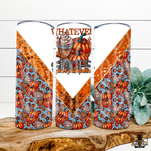 Three tall skinny tumblers with a coordinated autumn pattern, displayed on a rustic wood slice. The pattern features orange pumpkins, brown cupcakes with swirls, and a light blue background.