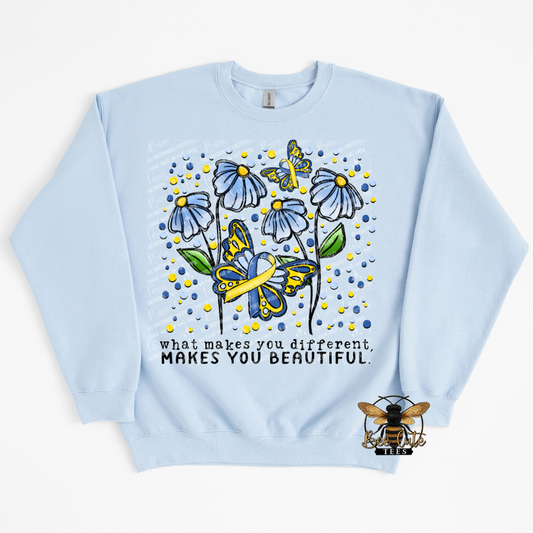 Light blue sweatshirt with butterfly and flower design and text on a white background