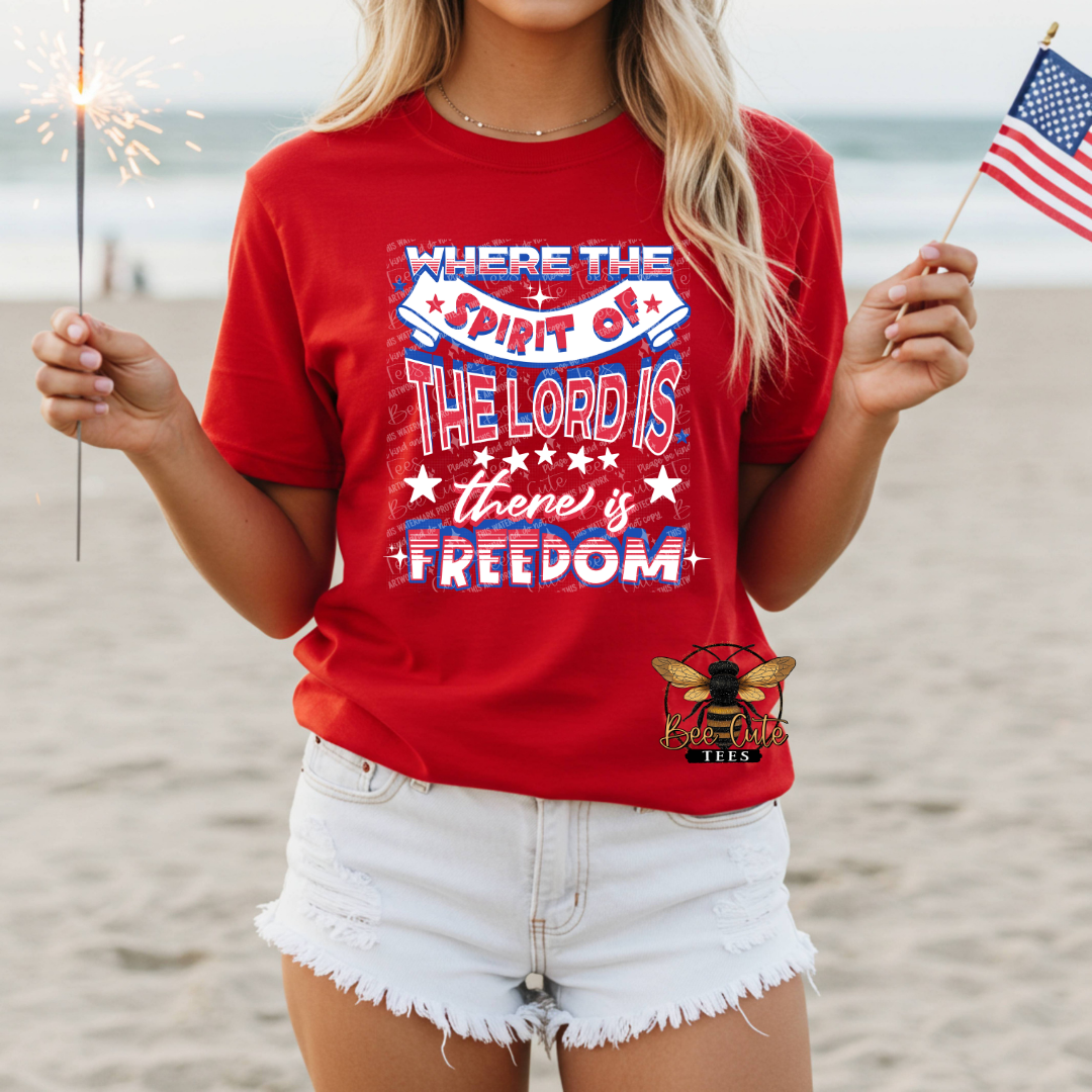 Person wearing a red t-shirt with a patriotic design on a beach.