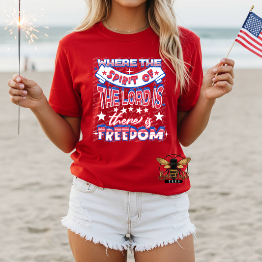 Person wearing a red t-shirt with a patriotic design on a beach.