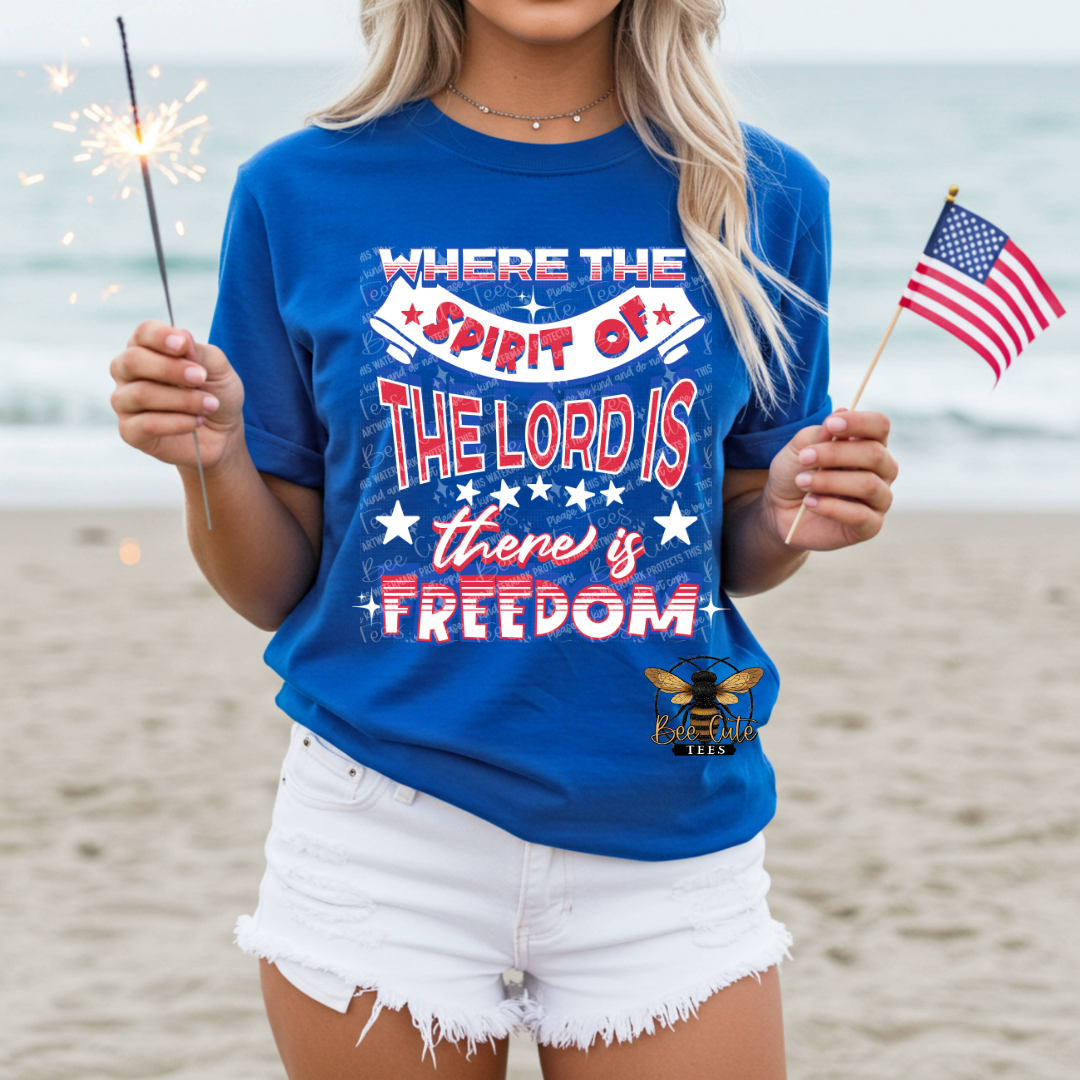 Person wearing a blue t-shirt with a patriotic message on a beach.