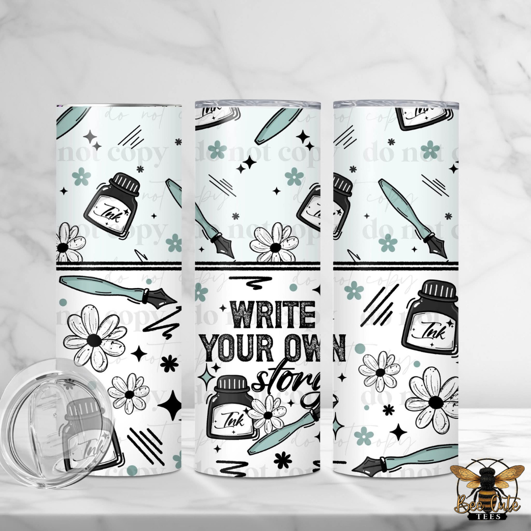Three tumblers with decorative designs and text on a white background