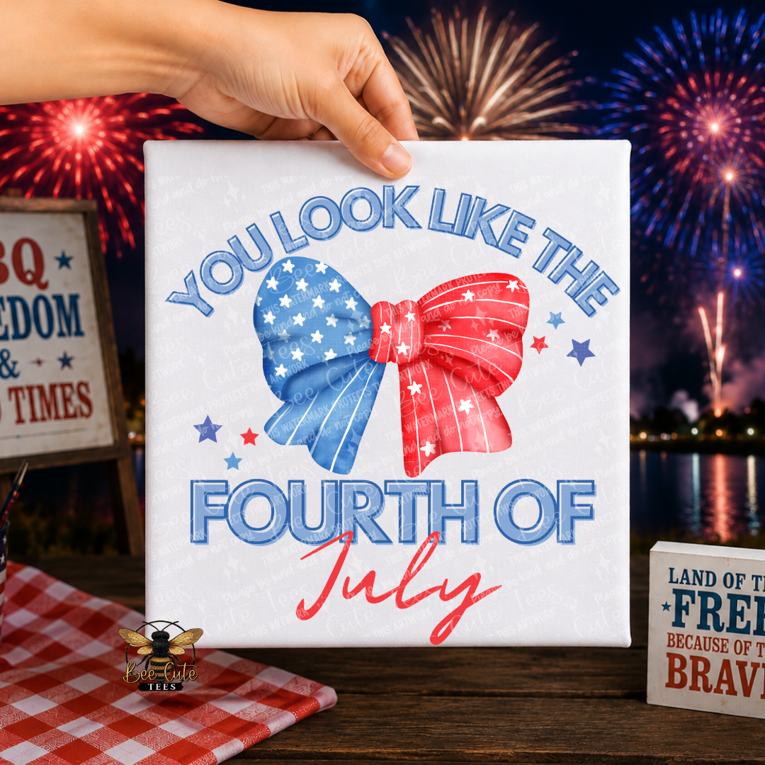 Hand holding a white t-shirt with a patriotic bow design and fireworks in the background
